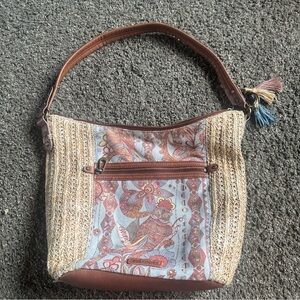 Sakroots Beige Woven Shoulder Bag with Multicolor Floral Panel
